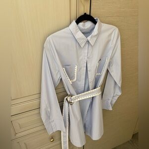 Mon Renn Heron Blue and Ivory Lisle Shirt Mini Dress